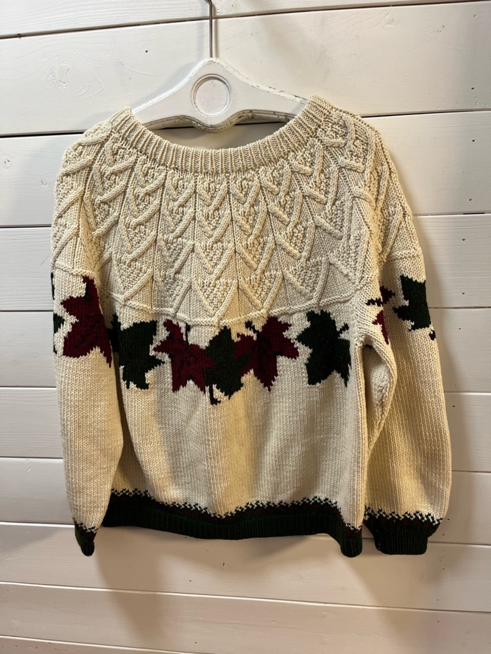 HANDMADE Cream Leaf Pattern Knit Sweater L/XL - Picture 2 of 12